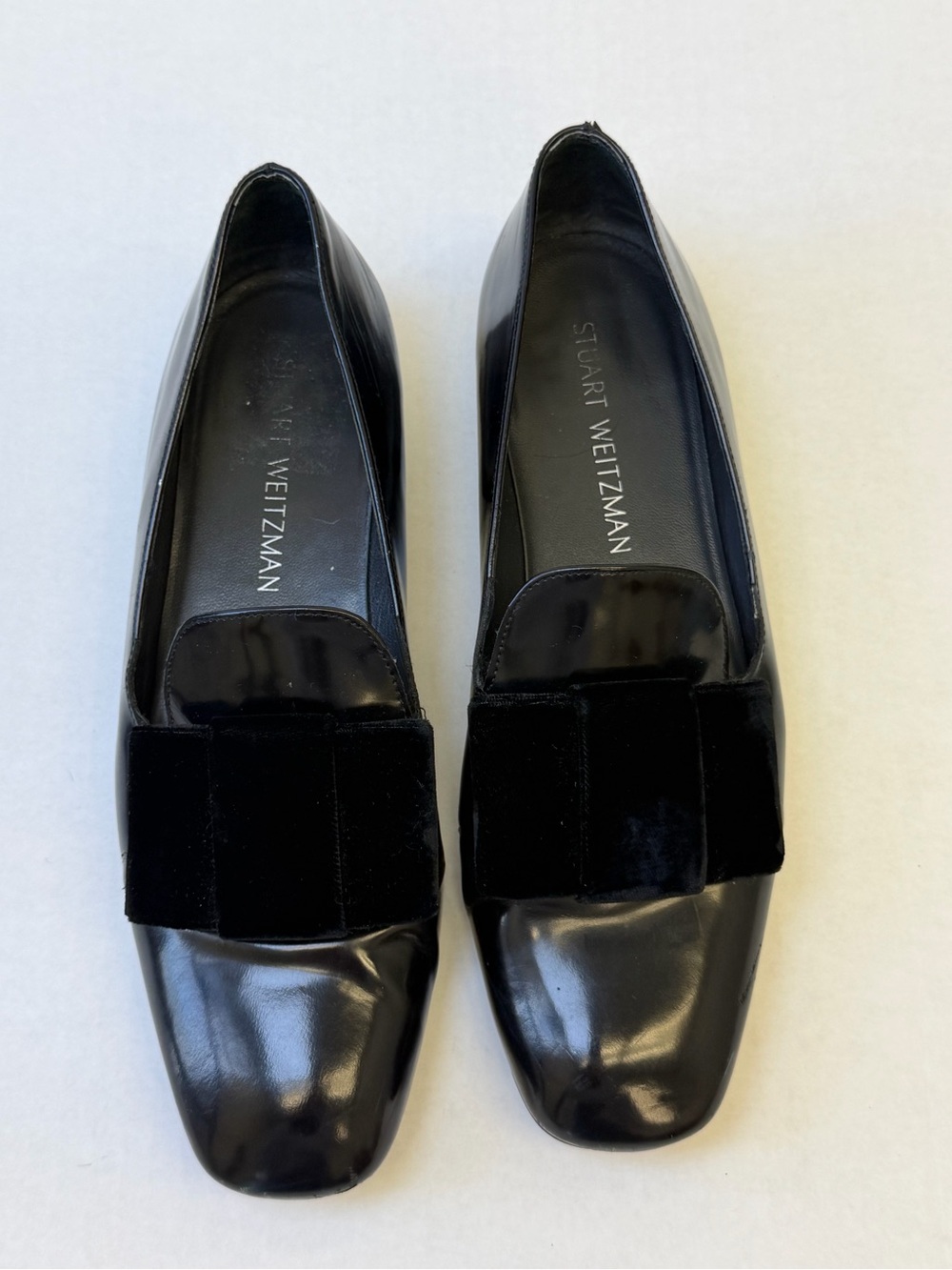 Stuart Weitzman Black  Leather Loafers with Velvet Bow - 9